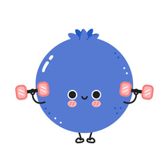 Cute funny blueberry berry make gym with dumbbells. Vector flat line cartoon kawaii character illustration icon. Isolated on white background. Blueberry berry workout cartoon character concept