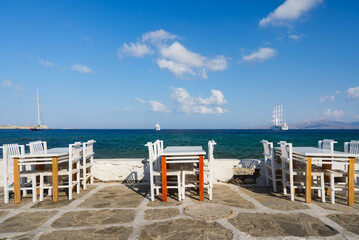 A restaurant overlooking Little Venice, Mykonos Island, Greece. Lunch and dinner overlooking the...