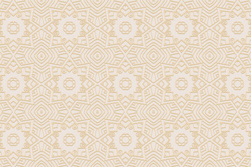 3D volumetric convex embossed geometric beige background. Doodling technique. Ethnic unique oriental, asian, indian pattern with handmade elements for design and decoration. 