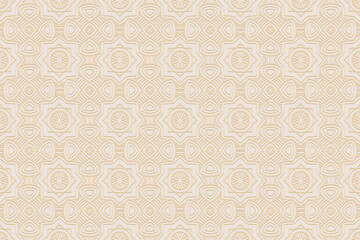 3D volumetric convex embossed geometric beige background. Doodling technique. Ethnic abstract oriental, asian, indian pattern with handmade elements for design and decoration.