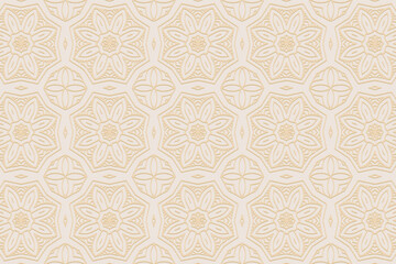 3D volumetric convex embossed geometric beige background. Doodling technique. Ethnic floral oriental, asian, indian pattern with handmade elements for design and decoration.
