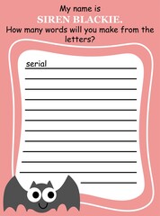 Halloween word game in English for kids vector illustration. Help funny cartoon bat to create words from the given letters. Handwriting activity page for children printable colorful worksheet