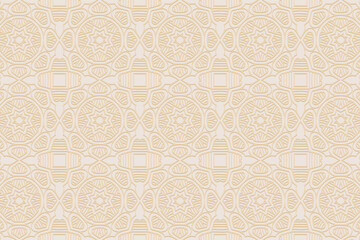 3D volumetric convex embossed geometric beige background. Doodling technique. Ethnic stylish oriental, asian, indian pattern with handmade elements for design and decoration.