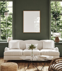 Poster frame mock-up in home interior background with sofa, table and decor in living room, 3d render © artjafara