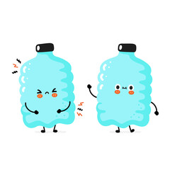 Cute funny happy smile and sad plastic bottle character. Vector cartoon character sticker illustration. Funny happy plastic bottle cartoon character concept. Isolated on white background