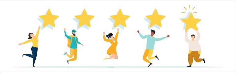 People are holding stars, giving five star Feedback. Clients choosing satisfaction rating and leaving positive review. Feedback consumer, customer review evaluation. Vector illustration.