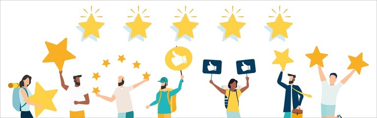 People are holding stars, giving five star Feedback. Clients choosing satisfaction rating and leaving positive review. Feedback consumer, customer review evaluation. Vector illustration.