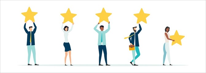 People are holding stars, giving five star Feedback. Clients choosing satisfaction rating and leaving positive review. Feedback consumer, customer review evaluation. Vector illustration.
