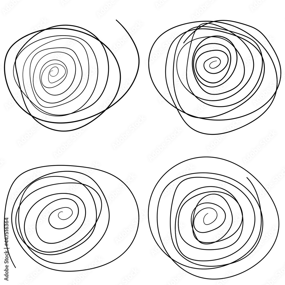 Poster four spirals isolated. simple hand drawn twirl. vector set.