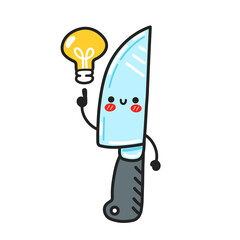 Cute funny kitchen chef knife character with idea light bulb. Vector flat cartoon kawaii character illustration icon. Isolated on white background. Chef cooking knife cartoon character concept