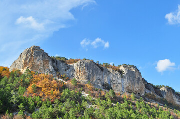 Fototapeta na wymiar Breathtaking view of rocks covered with bright colourful autumn forest.
