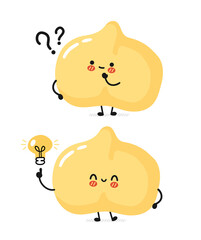 Cute funny chickpea bean character with question marks and idea lamp. Vector cartoon kawaii character illustration icon. Isolated on white background. Chickpea pea, bean cartoon character concept