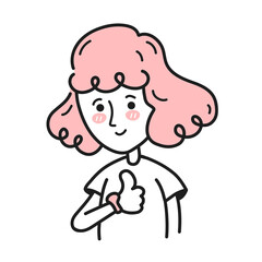 Young happy smile woman person showing thumbs up. Vector doodle cartoon character illustration. Isolated on white backgound. Girl,woman,lady show thumbs up, positive expression concept