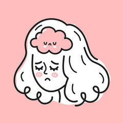 Cute woman head with sad brain inside. Girl woman in bad mood, mental, emotional condition problem concept. Vector hand drawn cartoon character illustration icon. Bipolar disorder, depression concept