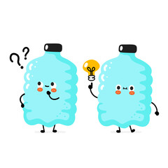 Cute funny happy smile plastic bottle character with question mark and idea lightbulb. Vector cartoon character sticker illustration. Funny happy plastic bottle cartoon character concept