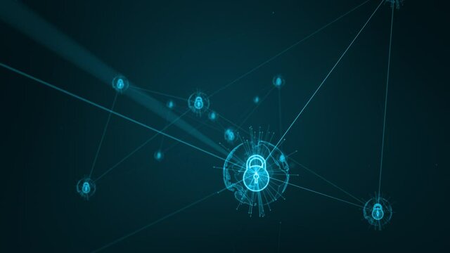 Motion graphic of Blue security key icon and futuritic earth sphere network connection abstract background concept camera zoom in seamless loop video