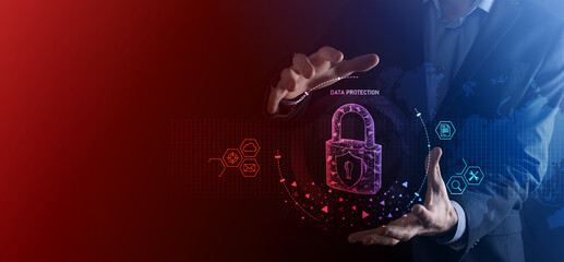 Cyber security network. Padlock icon and internet technology networking. Businessman protecting data personal information on tablet and virtual interface. Data protection privacy concept. GDPR. EU