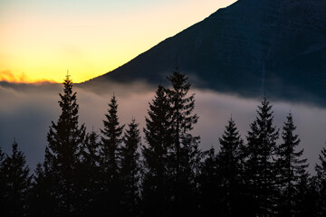 Beautiful mountain landscape with hazy peaks and foggy wooded valley at sunset.