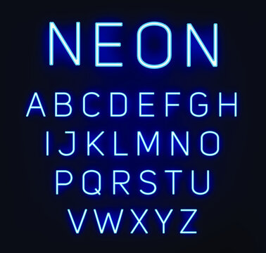 Neon blue font vector illustration. Blue neon light letters. Glowing alphabets. A-Z Letters.
