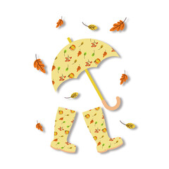 autumn umbrella and rubber boots with a pattern of flying leaves.