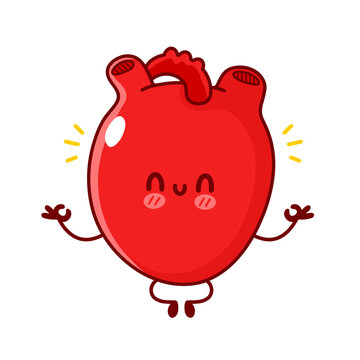 Cute funny human heart organ meditate. Vector flat line doodle cartoon kawaii character illustration. Isolated on white background. Human heart organ, anatomy cartoon mascot character concept