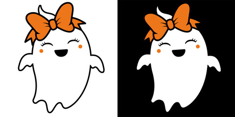 Cute Girl ghost With Orange bow - Halloween hand drawn on t-shirt design, greeting card or poster design Background Vector Illustration..