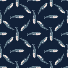 Seamless pattern Blue whale on black background. Template of cartoon character of ocean for fabric.