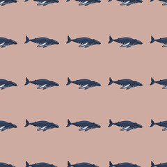 Seamless pattern Humpback whale on brown background. Template of cartoon character of ocean for children.