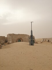 Tatooine planet landscape abandoned sets for shooting Star Wars movie in Sahara desert,Tunisia.