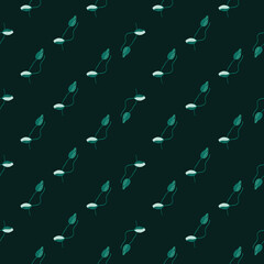 Abstract style seamless nature pattern with small poppy bud silhouettes. Flowers print. Dark green background.