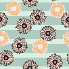 Seamless pattern sunflowers blue strip background. Beautiful texture with different sunflower and leaves.