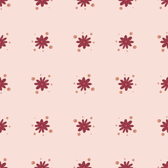 Doodle seamless pattern with bright pink little flowers chamomile print. Light pink background.