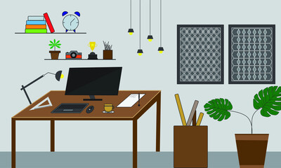 Studio workspace or home workspace of business vector and flat line illustration.	