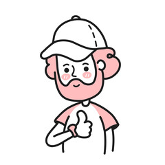Young happy smile bearded man showing thumbs up. Vector doodle cartoon character illustration. Isolated on white backgound. Man show thumbs up, positive expression concept
