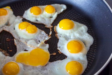Home cooking. Fried quail eggs in frying pan