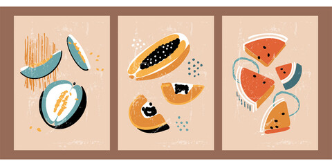 Set of hand drawn still lifes with fruits. Summer, autumn harvest. Minimalistic abstract backgrounds with melon, papaya, watermelon. Organic natural illustrations. Vintage abstract posters.