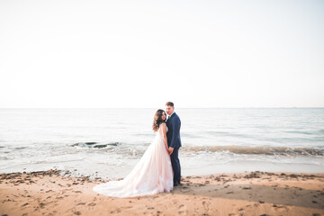 Fototapeta na wymiar Wedding couple kissing and hugging on rocks near blue sea