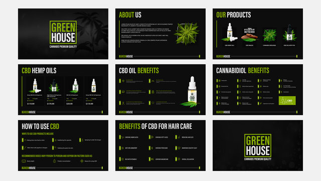 CBD oil products presentation, black template of catalog with infographic elements.