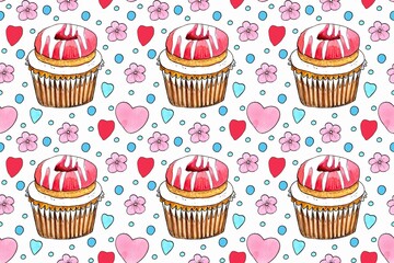 Seamless pattern, sweet cake. Watercolor hand painted illustration