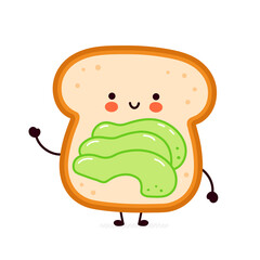 Cute funny toast with avocado. Vector hand drawn cartoon kawaii doodle character illustration icon. Avocado toast mascot cartoon character concept. Isolated on white background