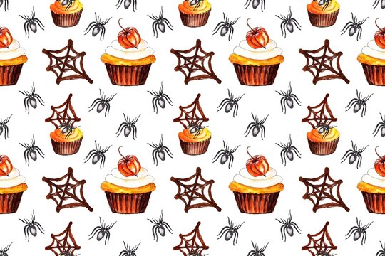 Seamless pattern, Halloween sweet, capcake, chocolate spider web, hand painting illustration