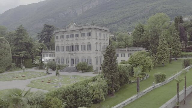 Aerial footage drone view of Manor Villa Sola Cabiati, in Tremezzo, lake ,Como Lombardia Italy // no video editing
