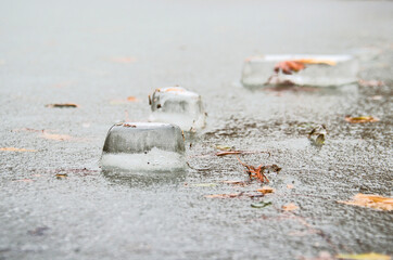 Blocks of ice on frozen lake closeup