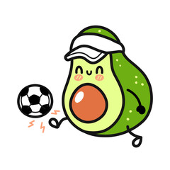 Cute funny happy avocado play football.Vector hand drawn cartoon doodle kawaii character illustration icon.Isolated on white background.Avocado, soccer, football cartoon smile happy character concept