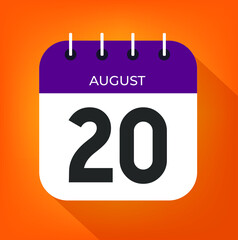 August day 20. Number twenty on a white paper with purple color border on a orange background