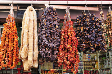 Dried fruits on the ropes. Dried fruits are sold at the bazaar. July 10, 2021, Istanbul, Turkey