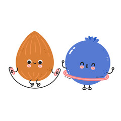 Cute funny blueberry berry make gym with hula hoop and almond with jump rope. Vector flat line cartoon kawaii character illustration icon. Blueberry berry workout character concept