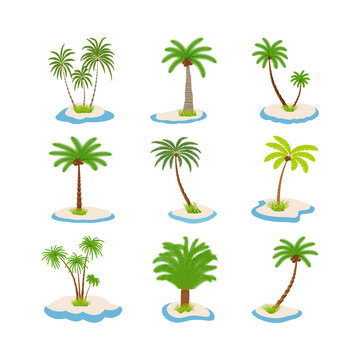 Palm trees with coconut trees on islands with sand and ocean on a white background.