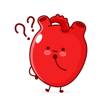 Cute funny human heart organ with question mark. Vector flat line doodle cartoon kawaii character illustration. Isolated on white background. Human heart organ,anatomy cartoon mascot character concept