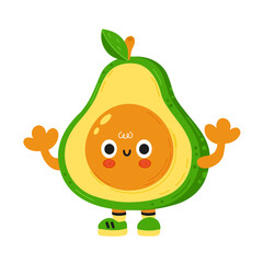 Cute funny avocado with baby face. Vector cartoon kawaii character illustration kids emoji icon. Isolated on white background. Avocado child keto poster, card cartoon character mascot concept
